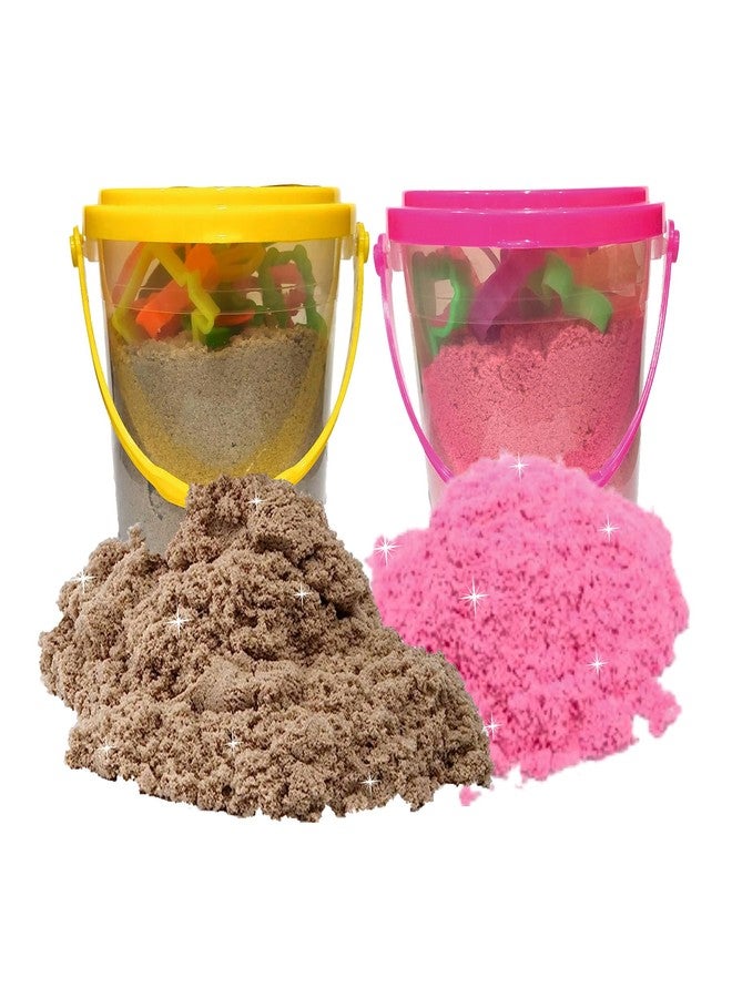 Rabbit Magic Flow 1KG Play Sand Bucket for Kids - Includes 20 Fun Moulds, Roller & Cutter | Soft, Mess-Free Sand for Creative Play & Sensory Fun | Age 5+ (Brown & Pink) - Image 1